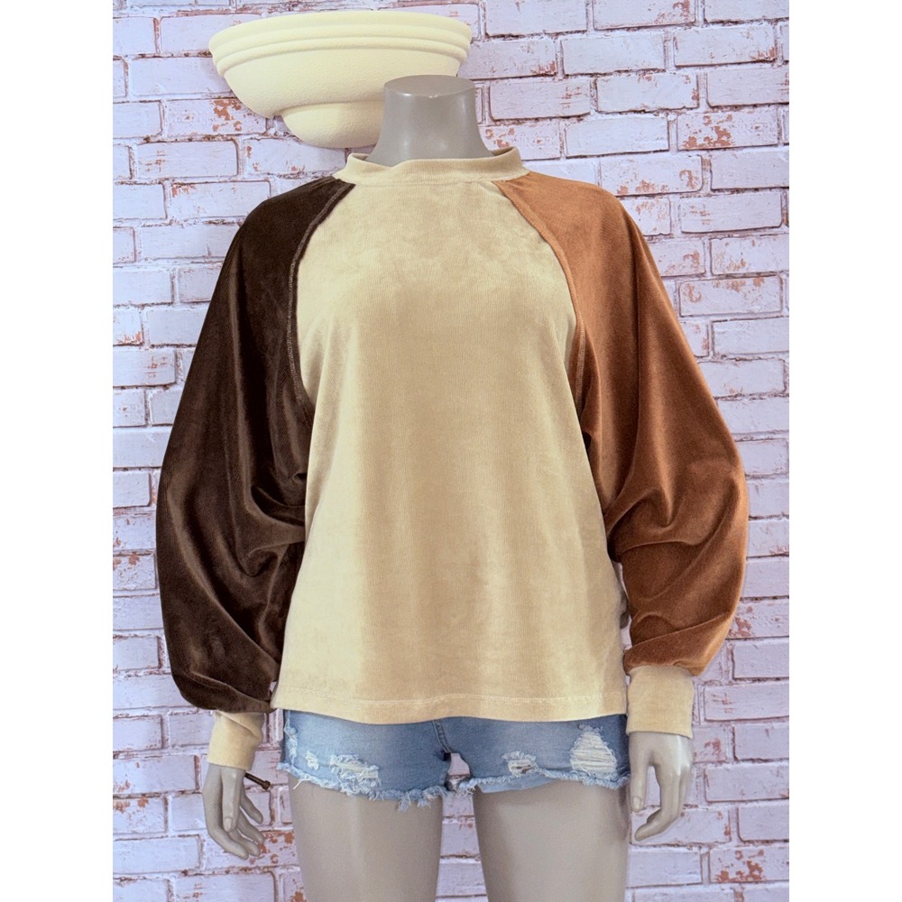 Easel Womens Colorblock Corduroy Velvet Raglan Sweatshirt Brown Cream Small